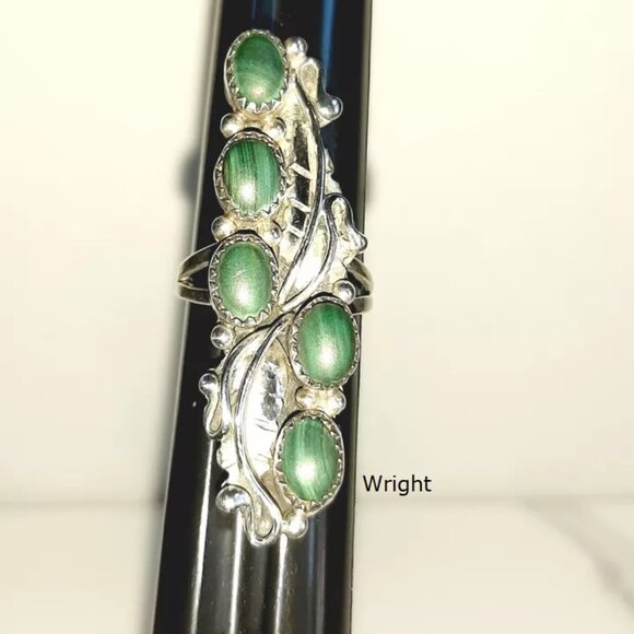 Navajo Sterling Silver Elongated Malachite Turquoise Feathers Ring 6.5 - Picture 3 of 5